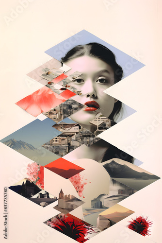 Abstract surreal collage art mood board Concept. Portrait of a woman, pastel, koi fish, mountain, landscape, flowers, floral, zen, oriental, different modern elements and symbols 