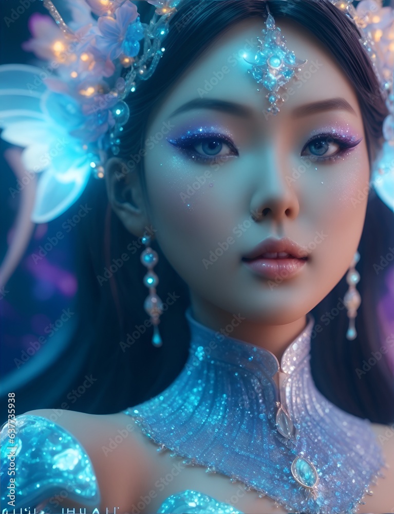 portrait of a beautiful Asian woman with glitter makeup on her eyes, flower ornaments in her hair, earrings and an elegant necklace
