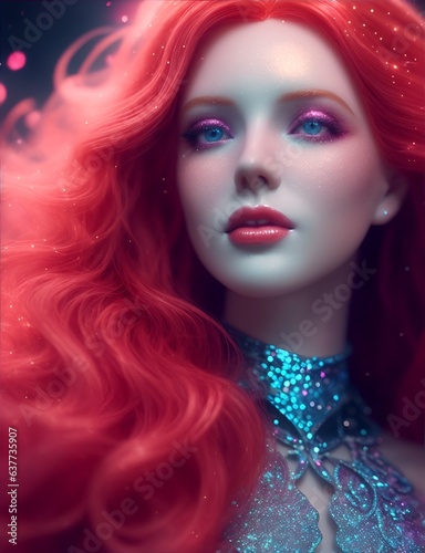 portrait of a beautiful red-haired woman with pink glitter on her eyes and red lips