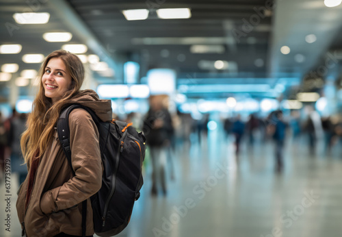Traveling woman with backpack at international airport or train station, departure or arrival bokeh