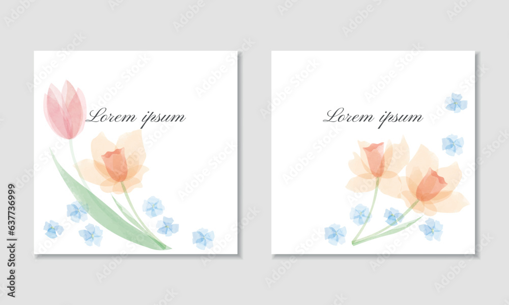 Vector watercolor square card template with daffodils, tulips and forget-me-nots