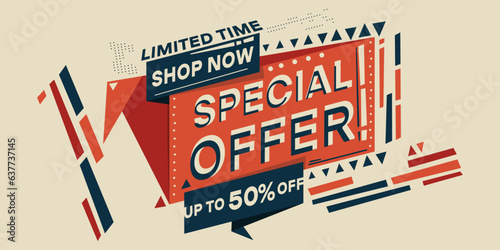 Special offer poster. Sale time, retro poster in abstract drywall. Shop now. Limited time.