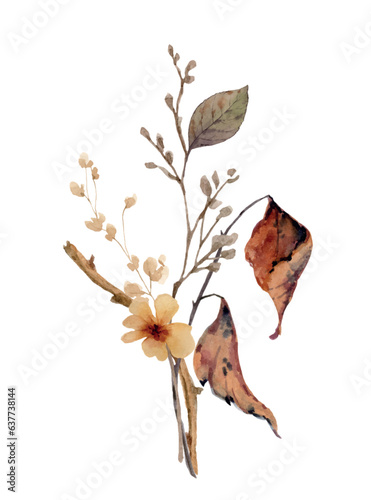 Watercolor vector arrangement with dry autumn twigs and leaves.