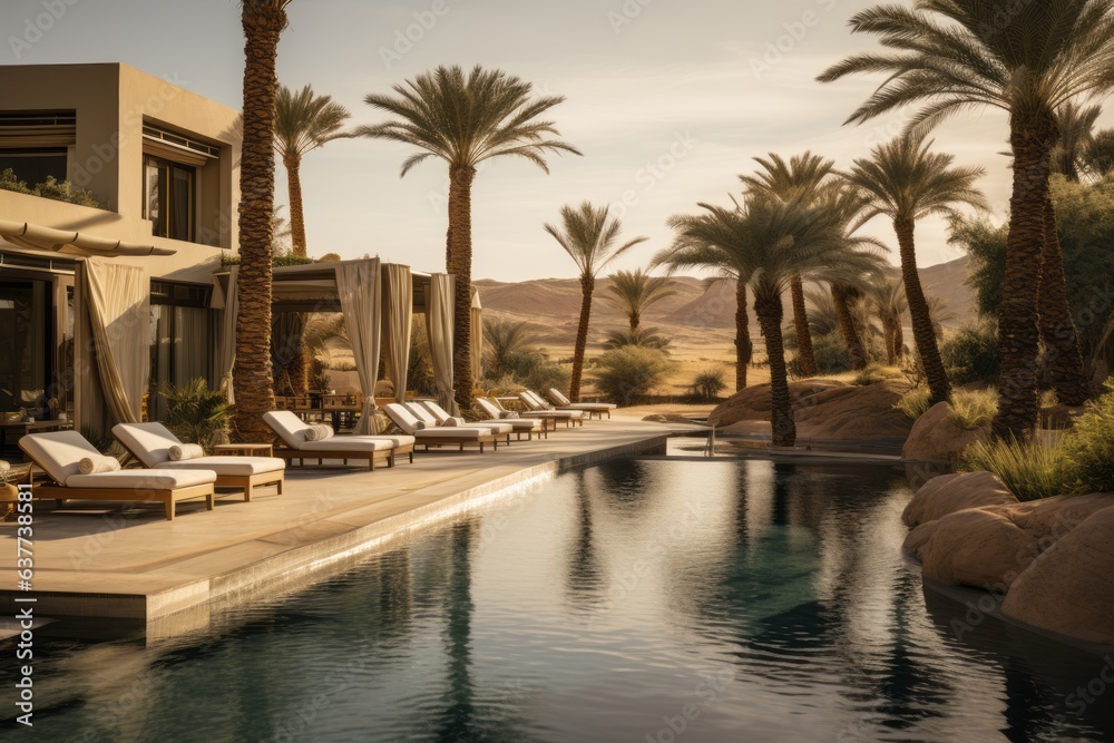 Obraz premium Tranquil Desert Oasis With A Luxurious Swimming Pool, Generative AI