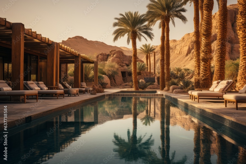 Tranquil Desert Oasis With A Luxurious Swimming Pool, Generative AI