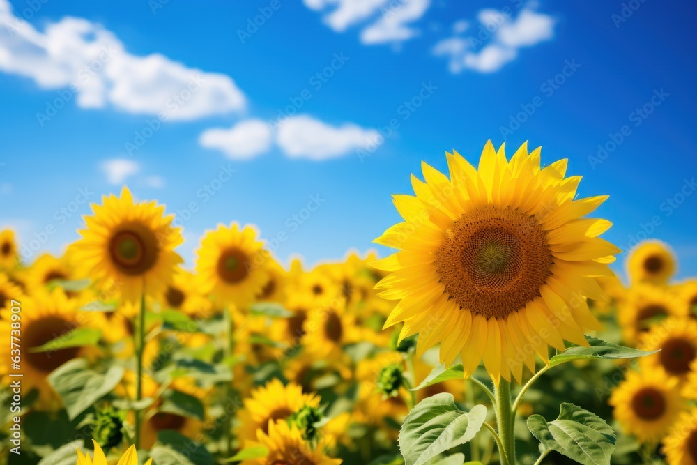 Fototapeta premium Field of blooming sunflowers and blue sky Generative AI.