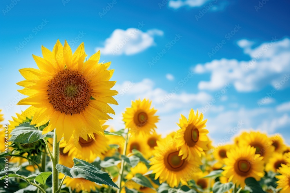 Field of blooming sunflowers and blue sky Generative AI.