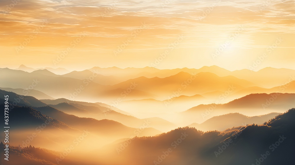 Sunlit mountain fog: blurred misty waves, warm colors, and bright sunlight. festive sky in orange hues with abstract evening flare on clouds