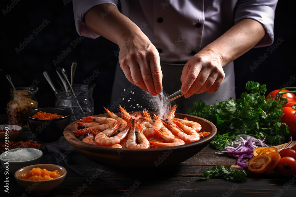 Seafood, Professional cook prepares shrimps with sprigg beans. Cooking seafood, healthy vegetarian food and food on a dark background
