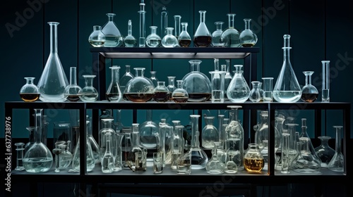 Lab glassware in symmetrical arrangement. | generative AI