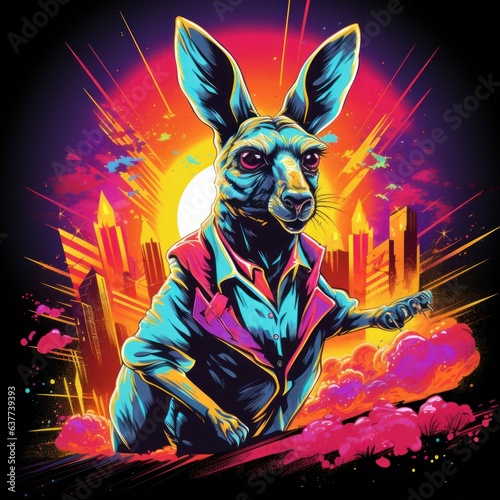 A retro-inspired neon kangaroo, jumping with style on a shirt design that captures the essence of the '80s