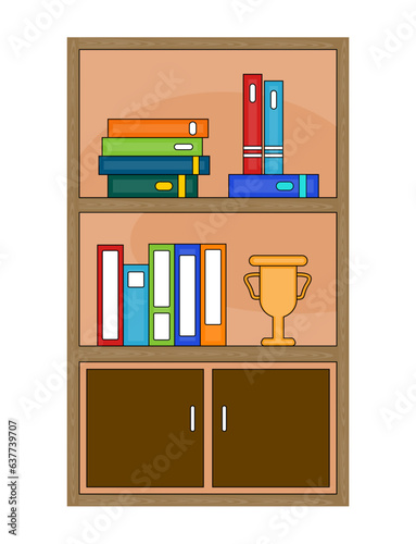 Bookshelf with books on shelves in flat cartoon style vector design