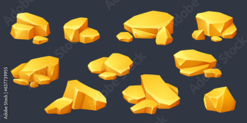 Piles of gold nuggets isolated on black background. Vector cartoon illustration of golden slabs, mine or treasure cave design elements, amber crystals, yellow gemstones, royal wealth, game assets