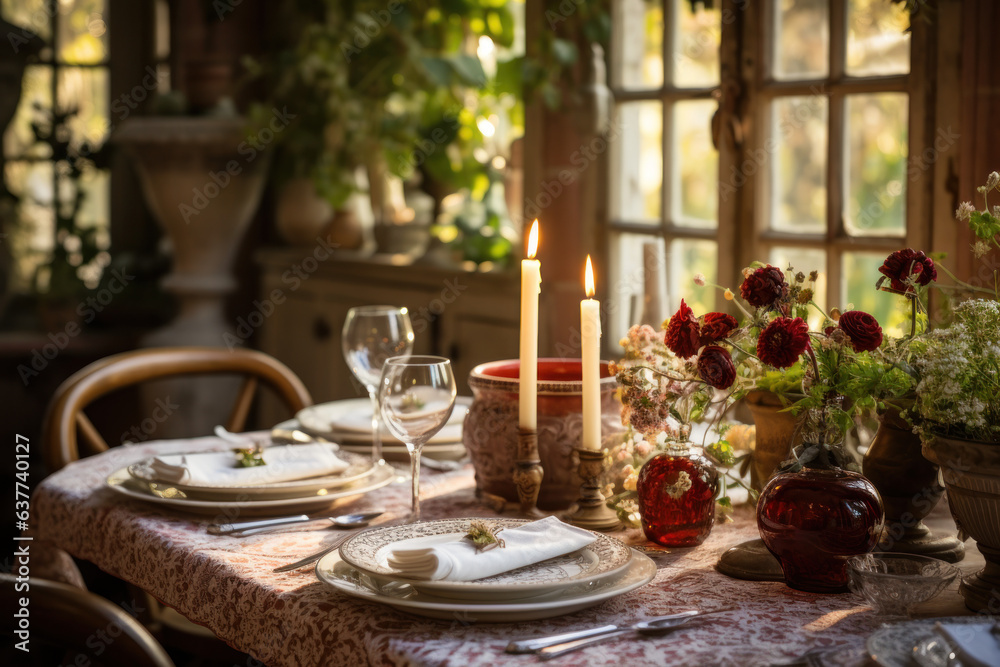 A charming dining room with red tablecloth
A charming dining room with red tablecloth