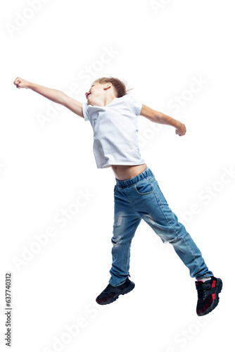 A boy in a white T-shirt and jeans is jumping. Energy, activity and movement towards the goal. Side view. Full height. Isolated on white background. Vertical.