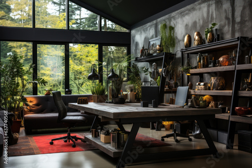 A spacious office with gray walls and desk. 