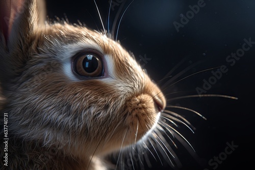 Exquisite macro shot: captivating rabbit details illuminated by cinematic lights, rabbit on black background