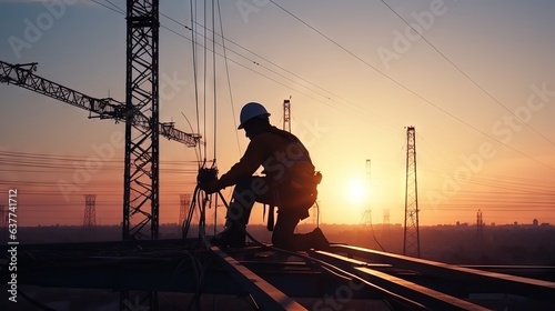 Silhouette of electrician working on high ground in heavy industry: high voltage station extension construction