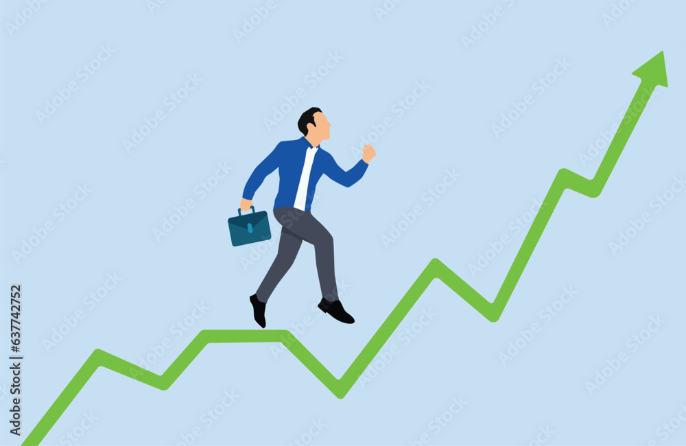 Businessman steps up stairs according to level. concept of self-improvement and growth to career success. Business growth concept illustration Businessman steps up stairs according to level. concept of self-improvement and growth to career success. Business growth concept illustration