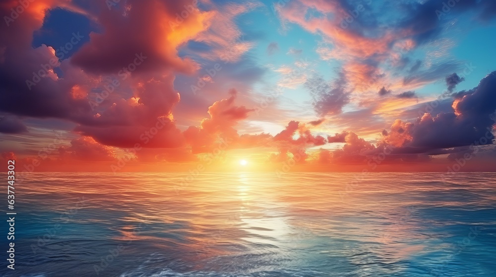 Vibrant sunrise seascape: abstract coastal wallpaper with blue sky and sea - obrazy, fototapety, plakaty 