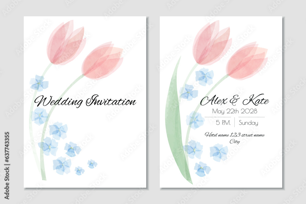 Vector watercolor wedding invitation with pink tulips