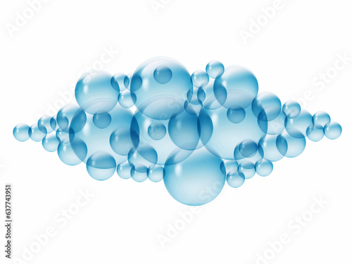 Plenty of bubbles float in the air. Big and small blue water droplets  white background. generative ai