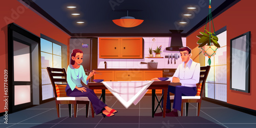 Young couple eating at table in home kitchen. Family has lunch or dinner with Japanese chopstick dish. Cartoon vector of wife and husband sitting opposite each other and eat delicious food from bowls.