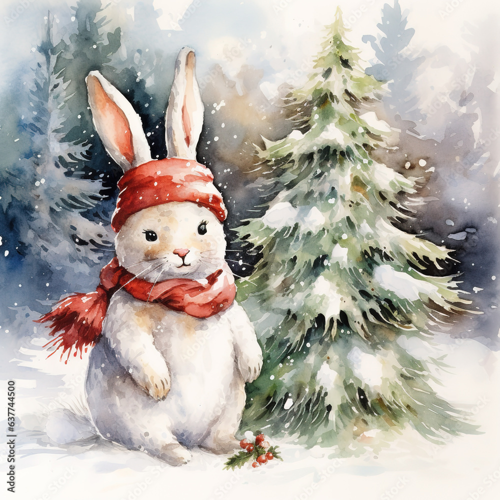 Snowman next to the Christmas tree, watercolor style.