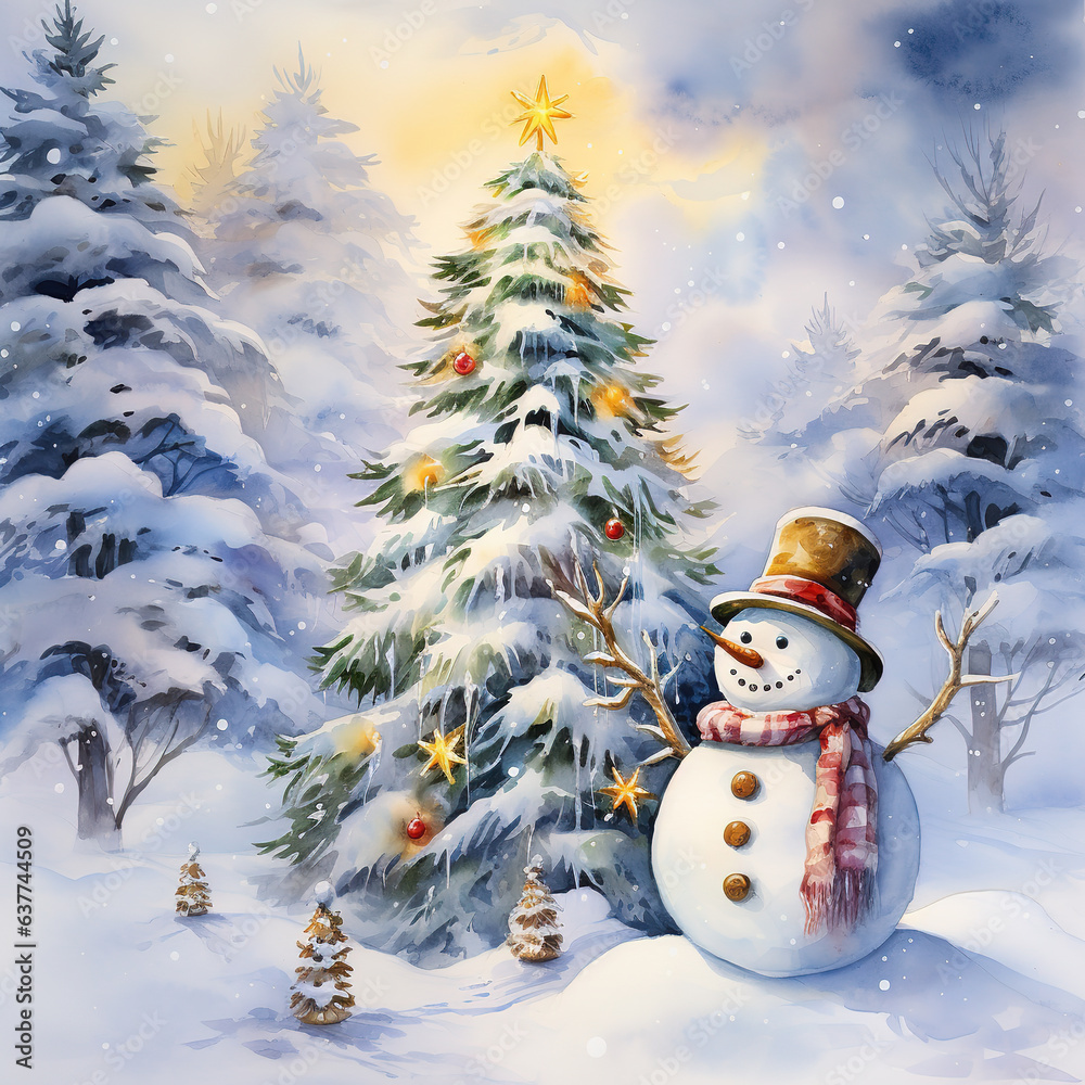 Obraz premium Snowman next to the Christmas tree, watercolor style.