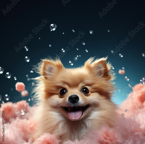 A cute little dog taking a bubble bath with his paws up on bubble the rim of the tub © suthiwan