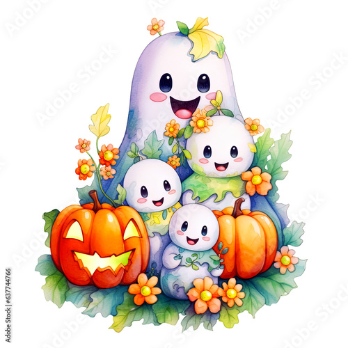 Happy halloween kawaii ghosts family watercolor clipart isolated on Transparent Background. Chibi ghosts with pumpkins and flowers clipart.