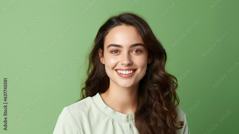 Ai Generated. Portrait of smiling woman on green background. Copyspace Ai Generated. Portrait of smiling woman on green background. Copyspace