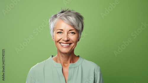 Ai Generated. Portrait of mature woman on green background. Copy space