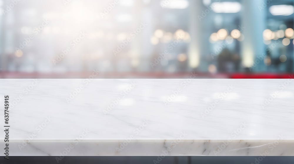 Abstract blurred interior background with white marble tabletop and busy workplace scene