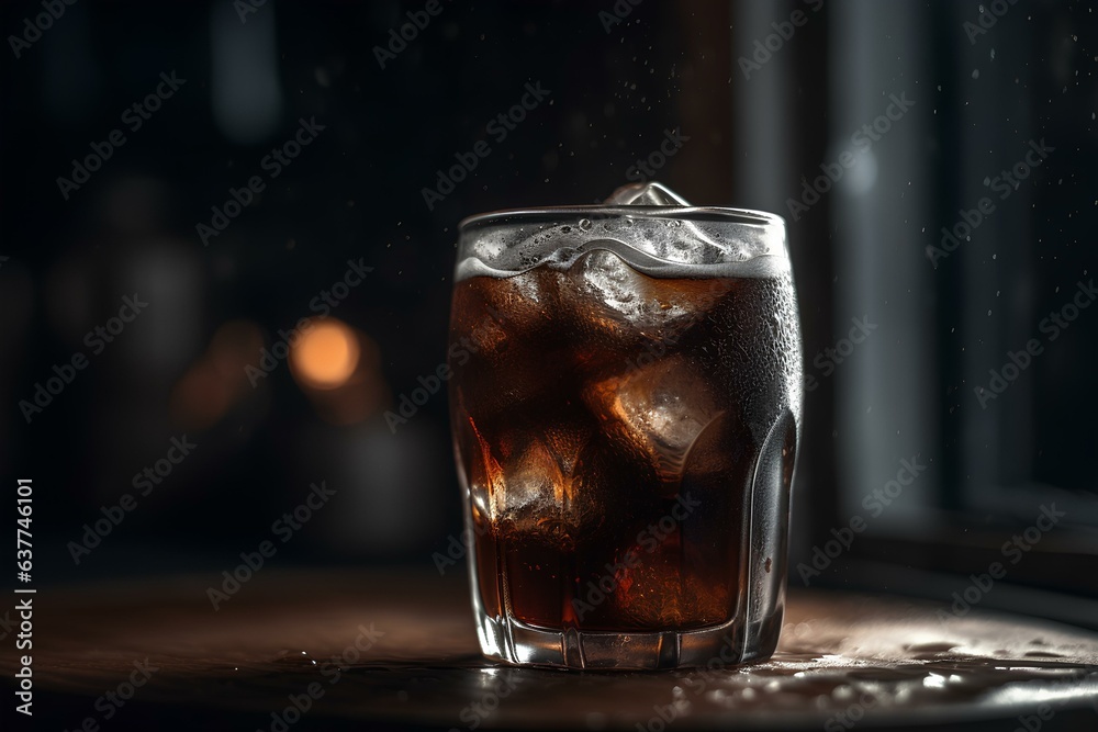 glass of cola with ice made by midjourney - obrazy, fototapety, plakaty 