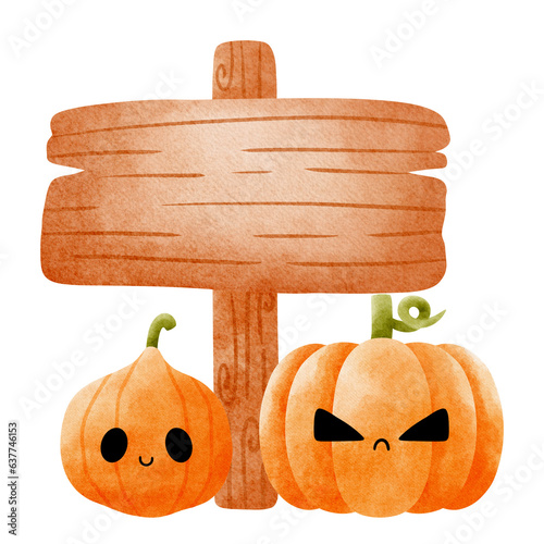 Kawaii Halloween Wooden sign and pumpkins cartoon character watercolor painting photo