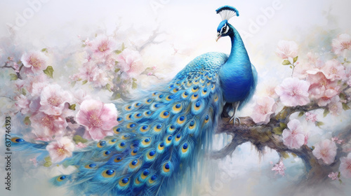 A peacock, Watercolor peacock with flowers. Generative Ai