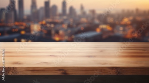Wooden table top on blurred kitchen room background, contemporary interior