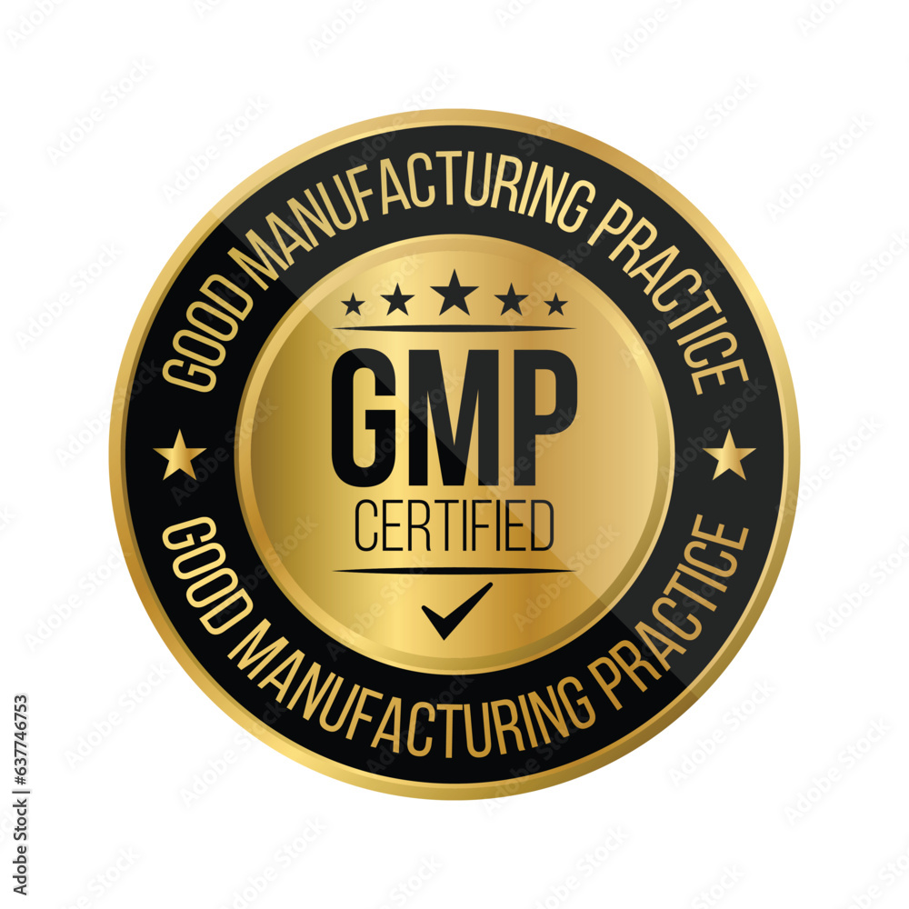 GMP Certified Badge, Good Manufacturing Practice Certified Stamp, GMP Approved Label, Packaging Design Elements, Supplement, GMP Quality Control, Medical And Health Design Element Vector Illustration