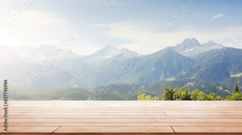 Blurred Christmas background with wooden terrace: white wood tabletop against natural sky and mountain blur – product display montage