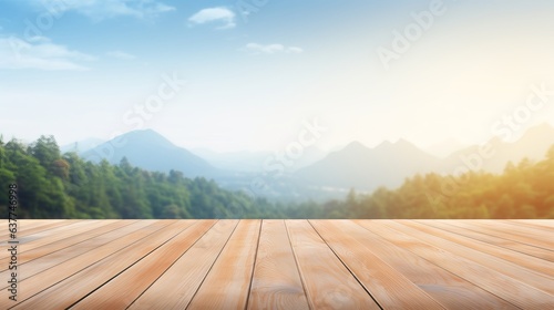 Blurred Christmas background with wooden terrace: white wood tabletop against natural sky and mountain blur – product display montage
