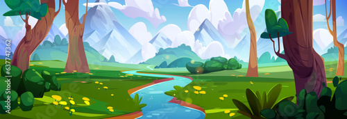 Forest river near mountain nature landscape cartoon vector. Tree and stream in beautiful summer park with flower garden on sunny day. Illustrated woods environment with sunlight and green grass
