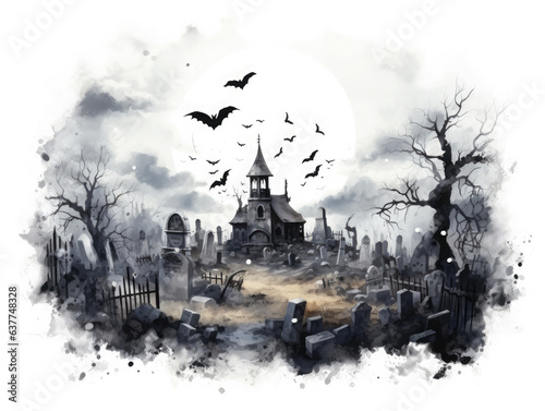 Spooky and haunted graveyard watercolor illustration. Halloween themed macabre artwork. 