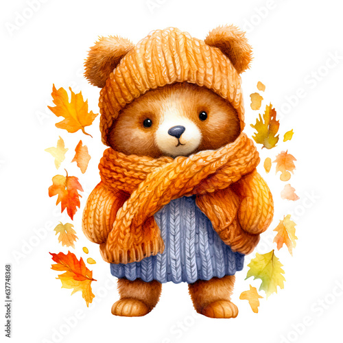 Cute bear with crochet clothes and scarf Watercolor clipart isolated on Transparent Background. Cute animals with fall clothes and Leaves clipart.