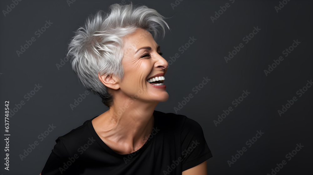 Side view of a radiant senior woman in black t-shirt smiling Side view of a radiant senior woman in black t-shirt smiling