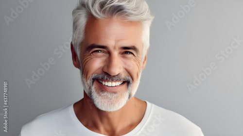 Handsome senior male model with white hair, laughing and smiling, displaying vibrant health with great skin and teeth.