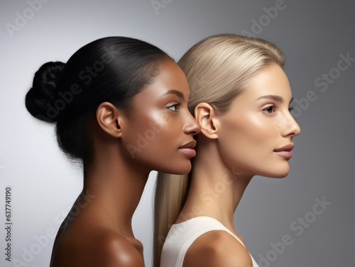 Two young models with long hair in their twenties on studio background. Concept of skin tone swatches of glowing healthy skin