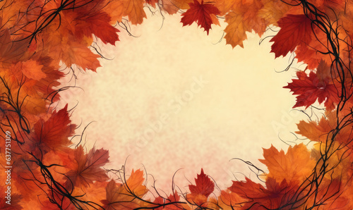 Neutral background with a frame of colorful autumn leaves. Fall seasonal banner with copy space. 