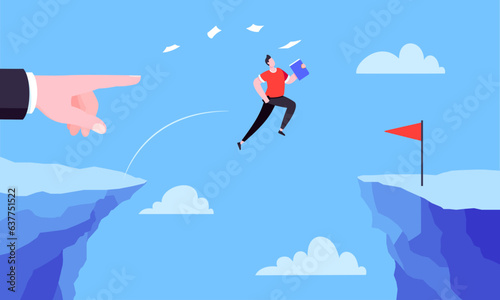 Businessman jumps over the abyss across the cliff flat style design vector illustration. Business concept of fearless businessman with huge courage. Risk, goal achievement, work obstacles and success.