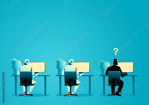 Vector illustration depicting transition from human labor to artificial intelligence, resonates with Industry evolution and  future employment trends